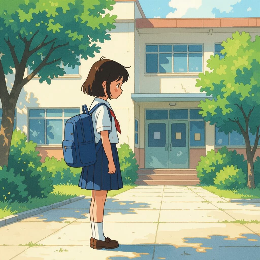 Sad Schoolgirl with Blue Backpack in Anime Style