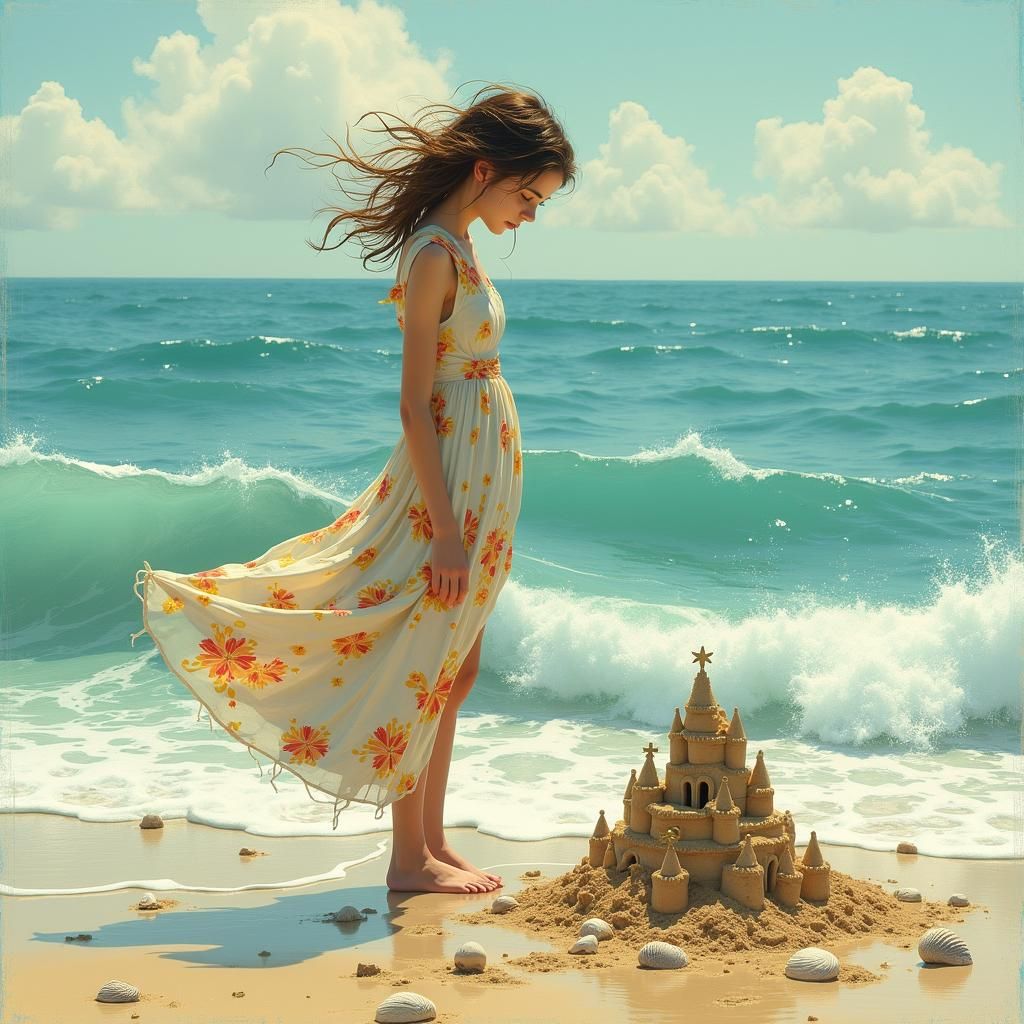 Melancholic Woman Watches Waves Erase Sandcastle