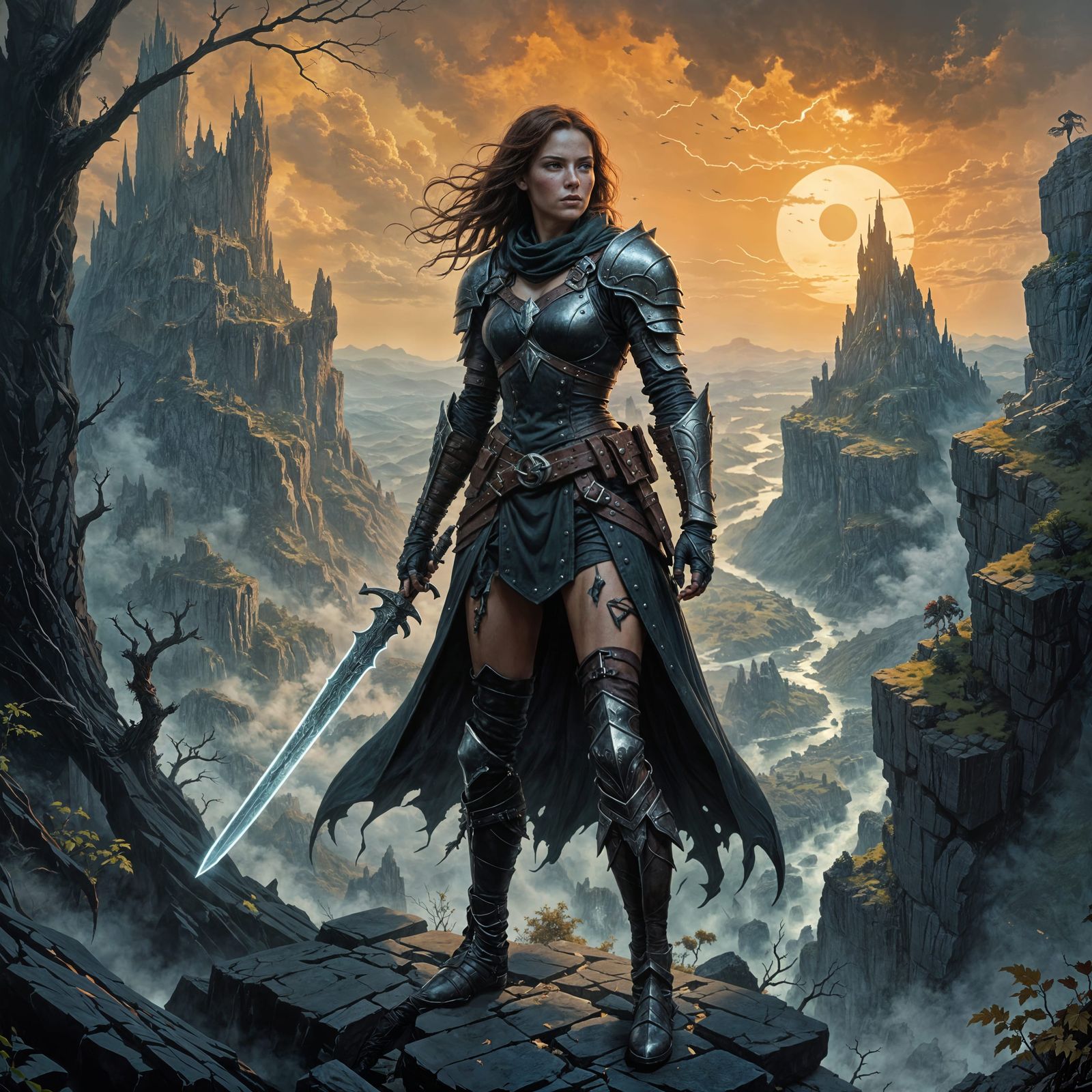 Freckled Female Rogue Stands at the Edge of a Misty Chasm