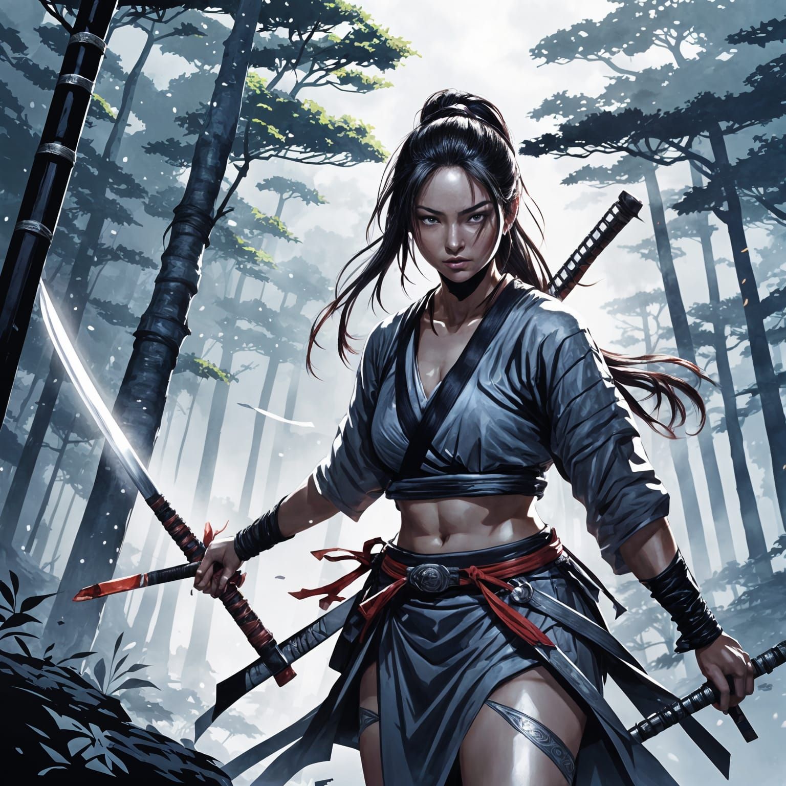 Female Warrior Draws Katana in Japanese Forest