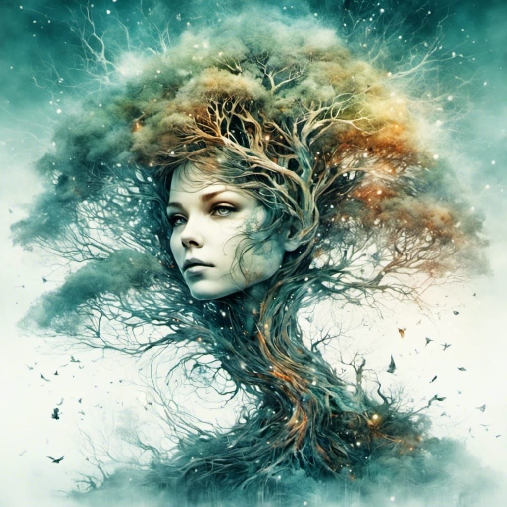 Winter Tree of Life in Mixed Media Style