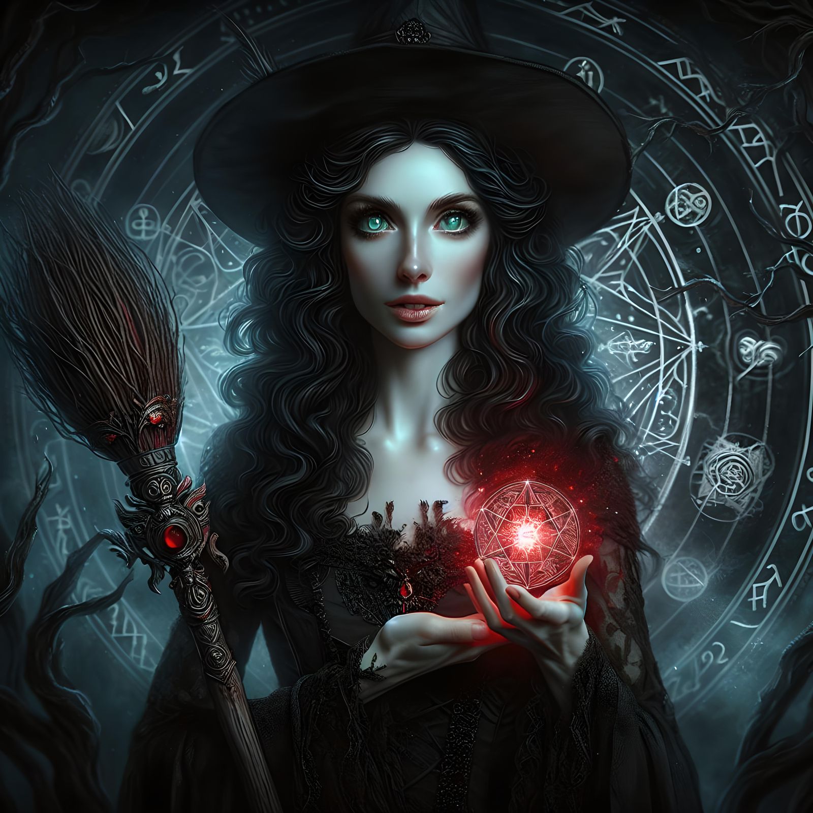 Mystical Witch with Glowing Crystal in Gothic Setting
