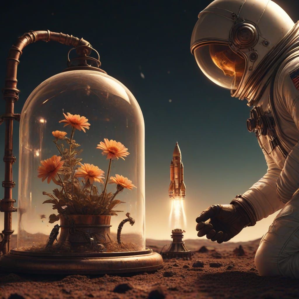 Steampunk Astronaut Places Flower in Bell Jar on Lunar Surfa...