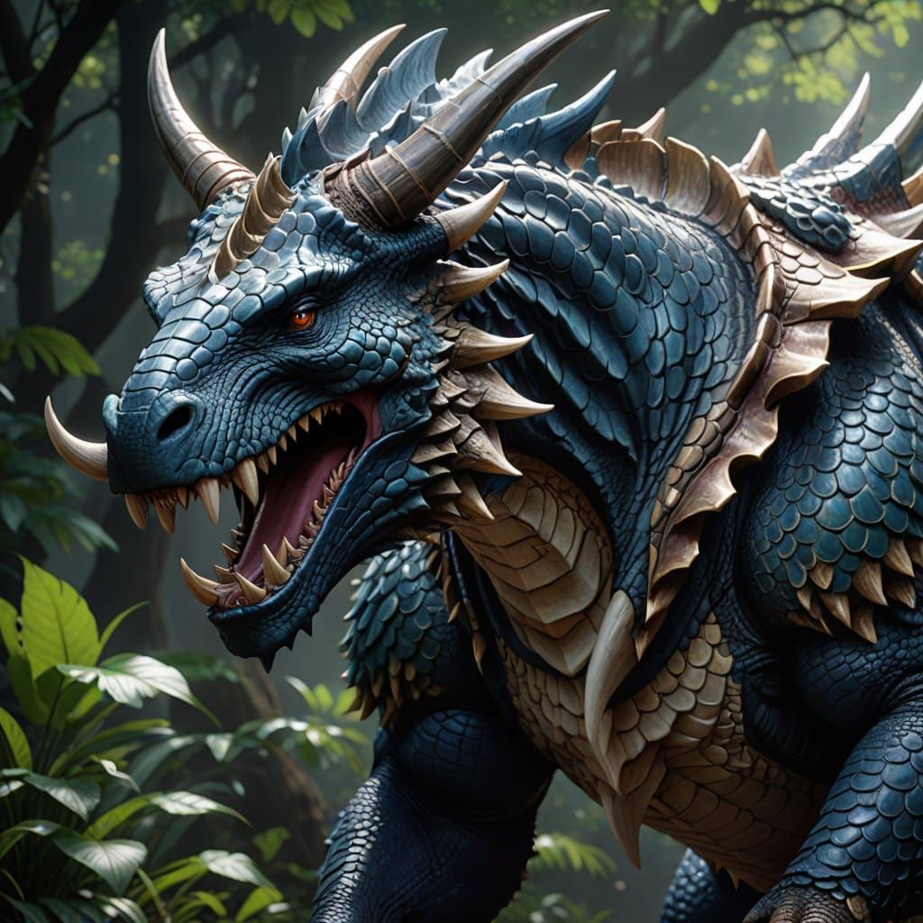 Lean, Muscular Anime Creature with Triceratops Frill, Crocod...