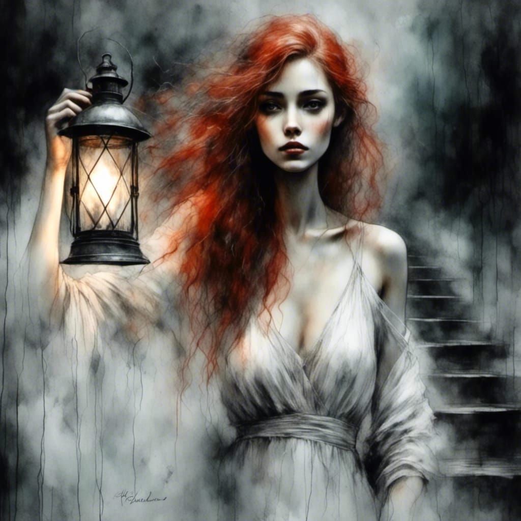 Red Haired Bride with Lantern on Bridge