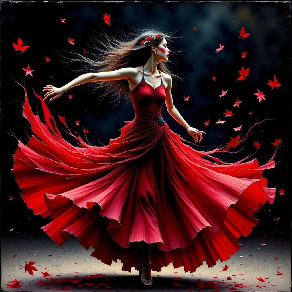 Dancer in Red and Black Dress, Vibrant Contemporary Art