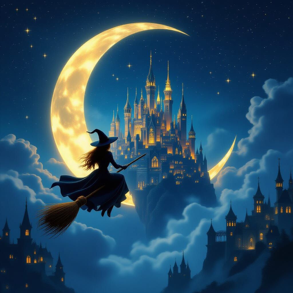 Witch Flies Over Fantasy City on Majestic Moon
