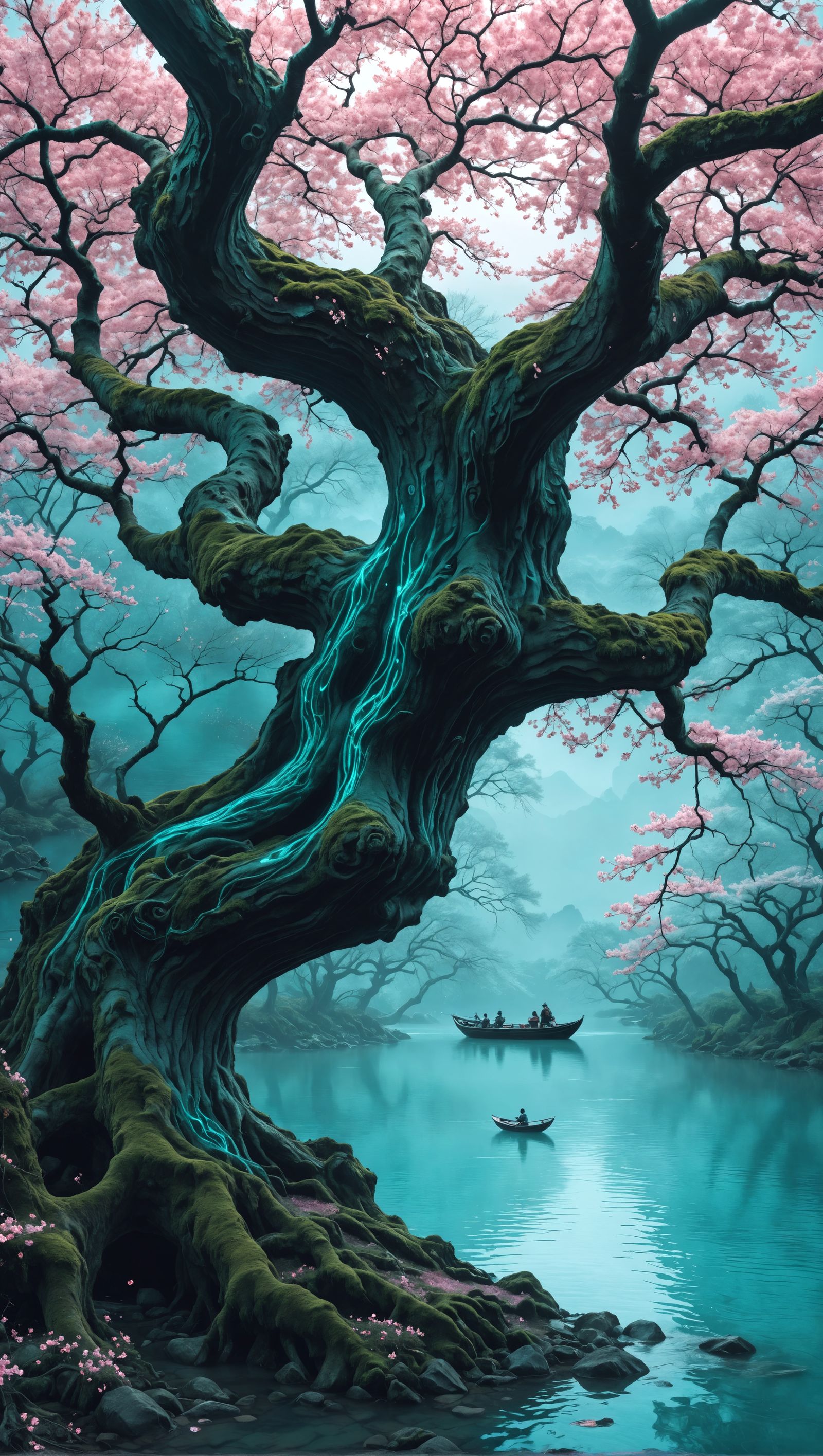 Bioluminescent Sakura Tree with Teal and Gold