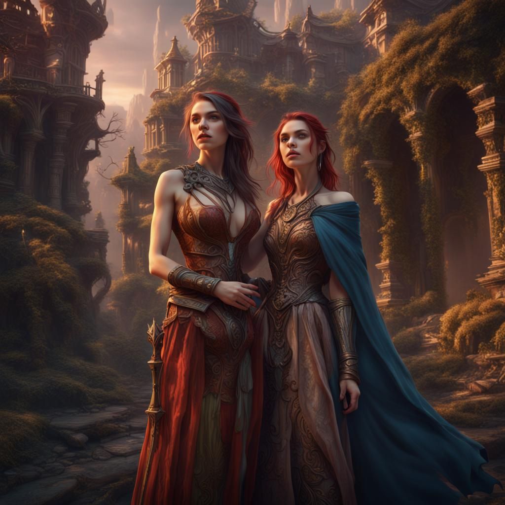 Beautiful Woman with Girl: Detailed Matte Painting