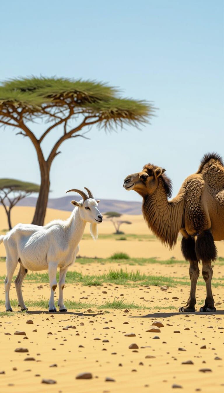Goat, Lion, and Camel in Desert, Cinematic Still