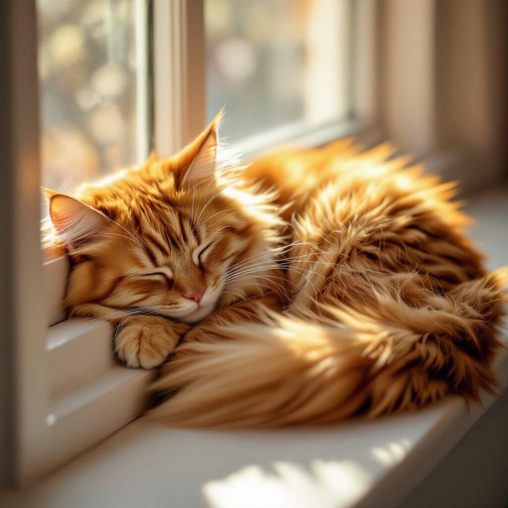Fluffy Ginger Cat Napping on Sunlit Windowsill
