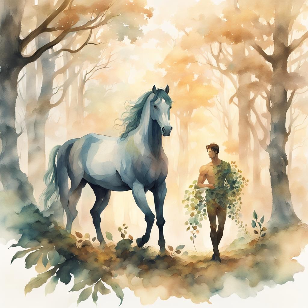 Centaurs in Misty Forest, Watercolor Style