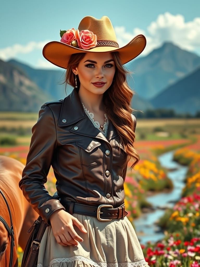 Vintage Cowgirl in Floral Meadow
