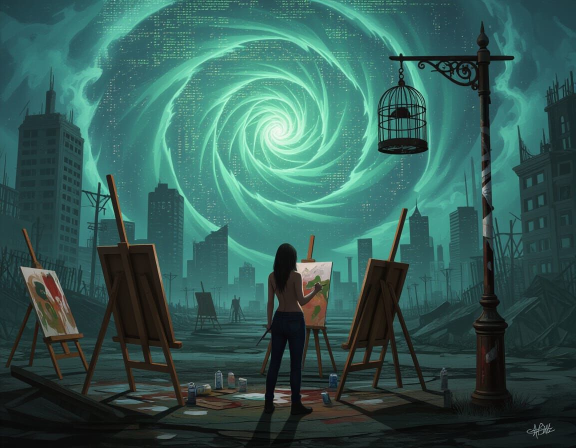 Post-Apocalyptic Painter in Digital Noise Cityscape