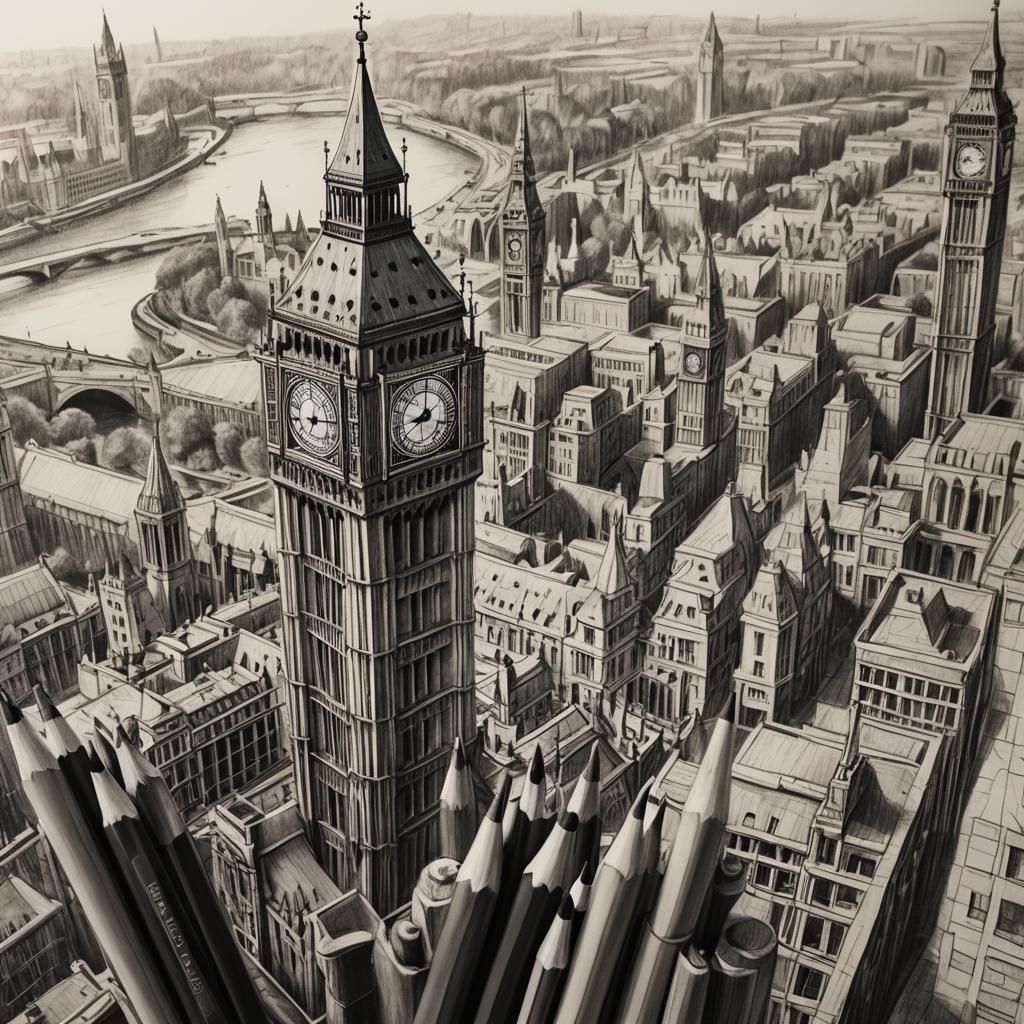 Hyper-Realistic Charcoal Sketch of Big Ben in Doodle Art