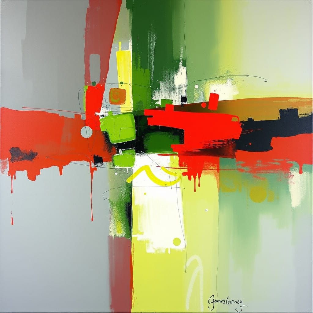 Vibrant Expressionist Masterpiece in Grey, Green, and Red
