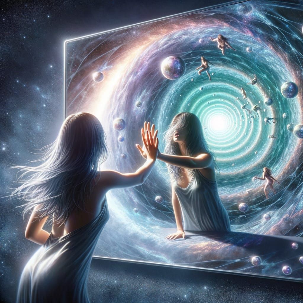Woman Reaching into a Quantum Mirror of Selves