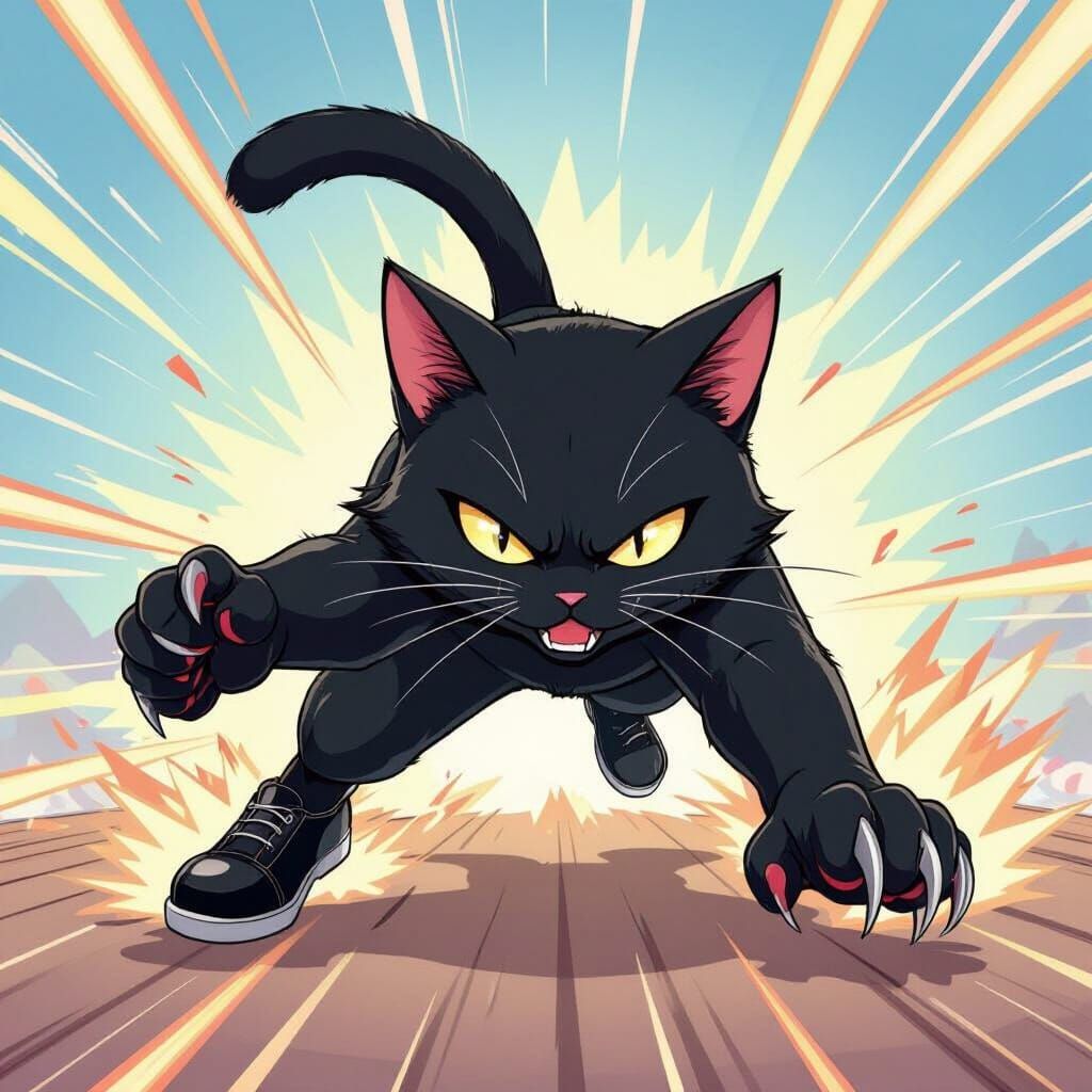 Anime Black Cat Attacking in Black Shoes