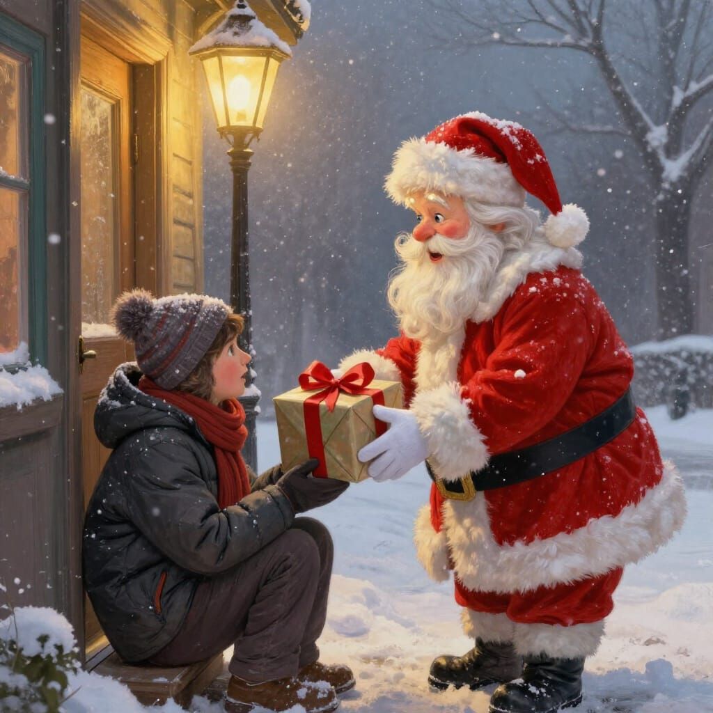 Santa Shares Gift with Homeless Person Amidst Snowfall
