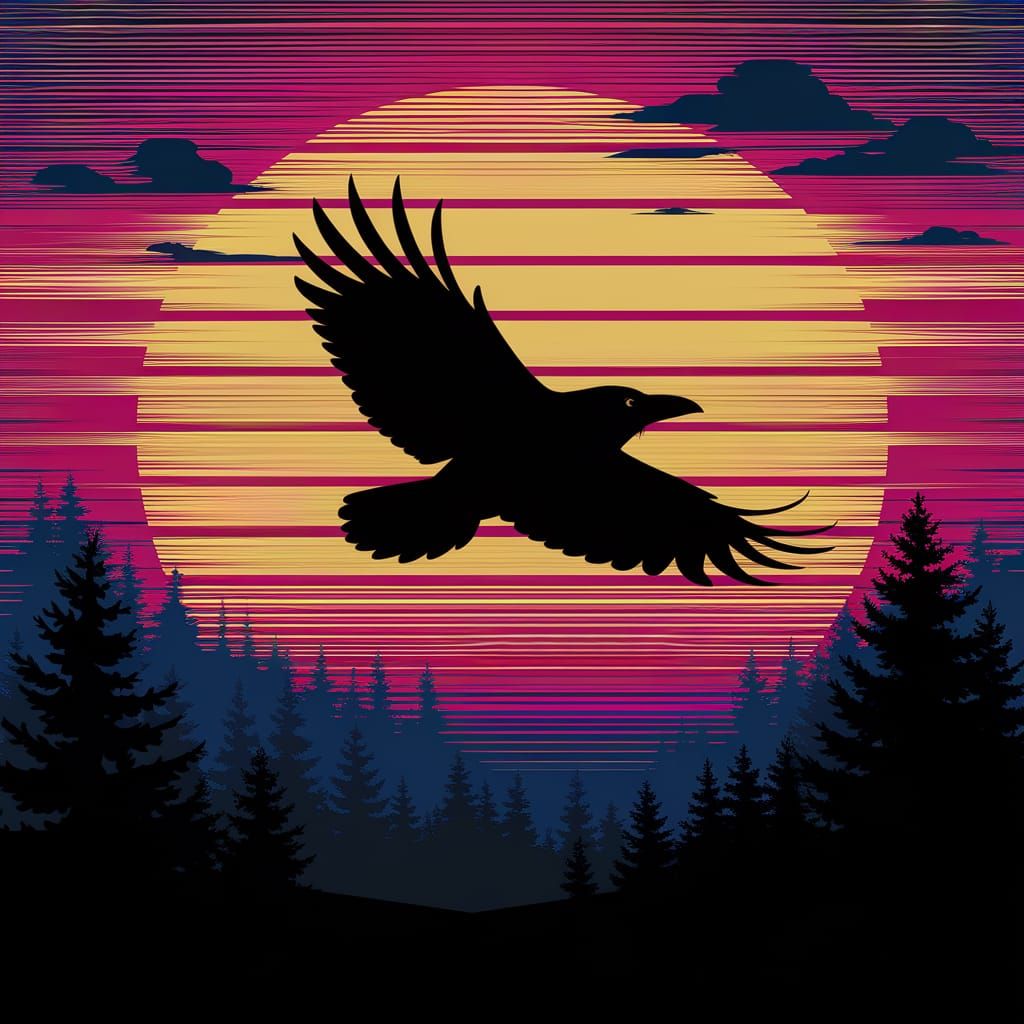 Raven Silhouetted in Vibrant Sunset Landscape with Striped C...