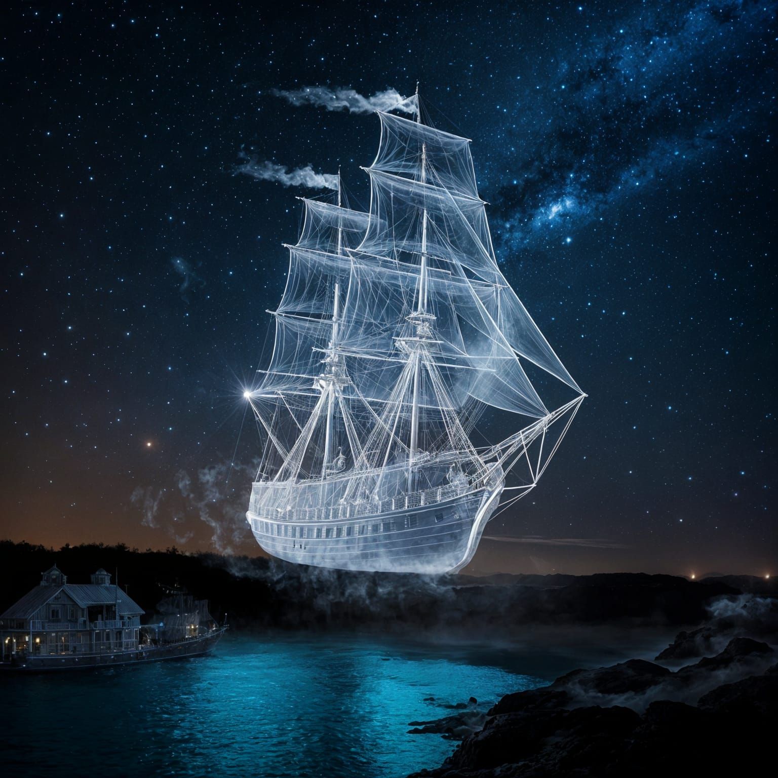 Ethereal Ghost Ship Projection in Starry Sky