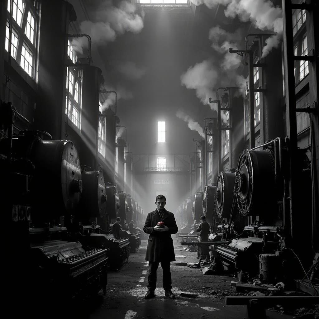 Surreal 19th-Century Industrial Landscape in Black-and-White