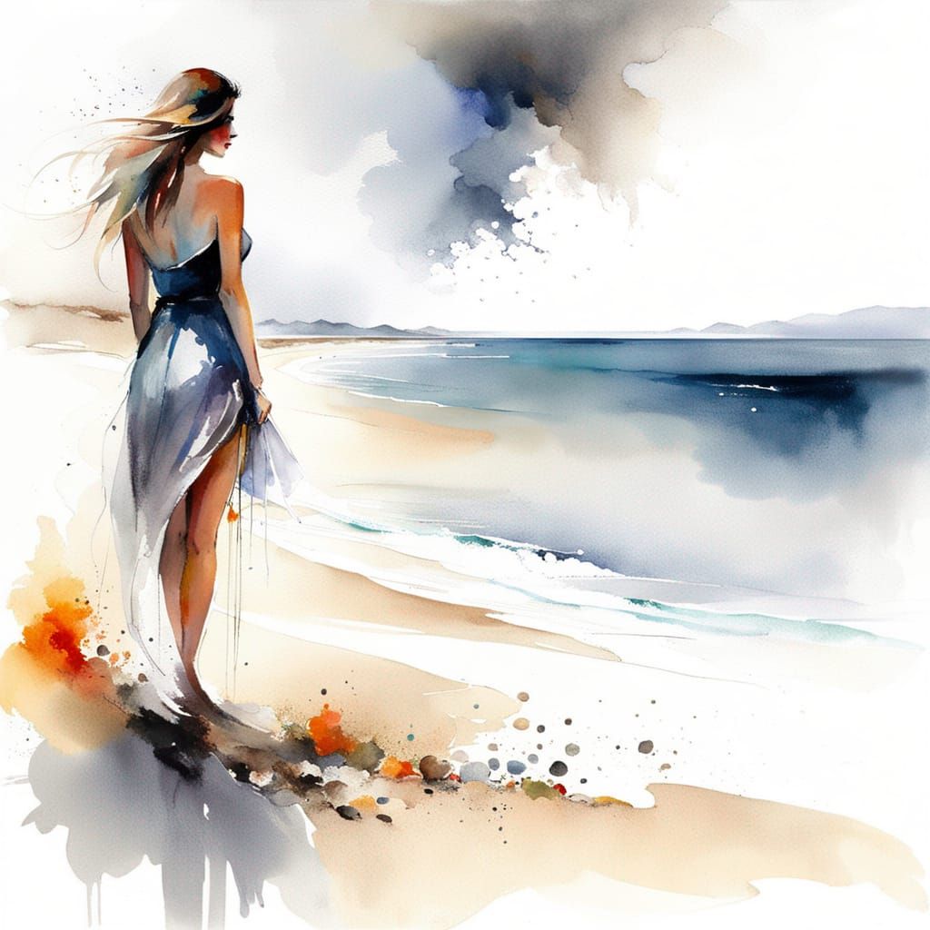 Woman Watching Sea: Watercolor Portrait in Surreal Style
