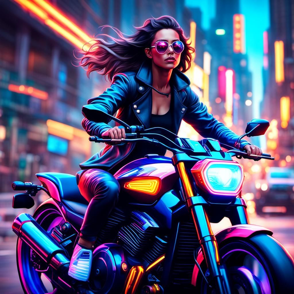 Neon Woman Rides Motorbike: Hyperdetailed Digital Art