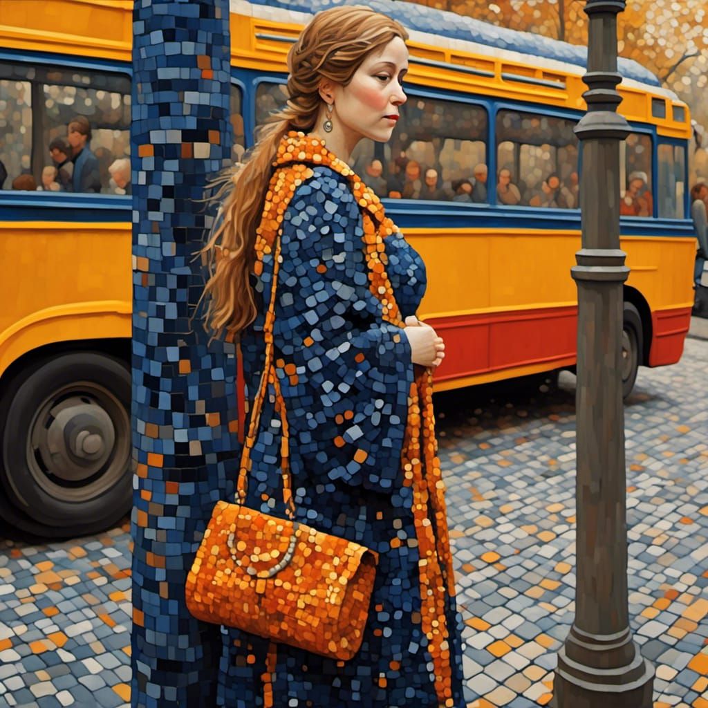 Woman at Bus Stop in Klimt Mosaic Style