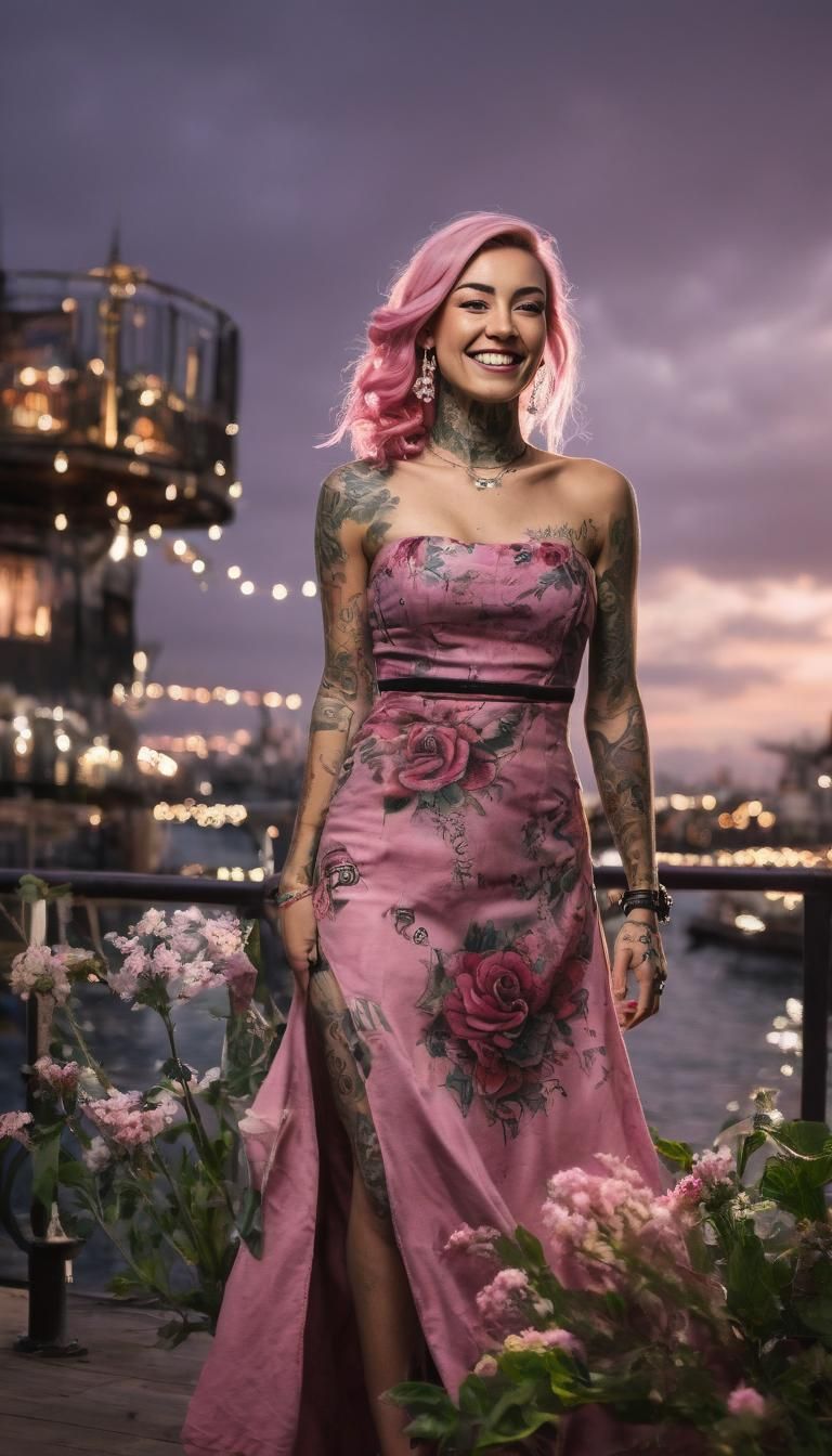 Tattooed Pirate Girl in Pink Dress, Professional Photography