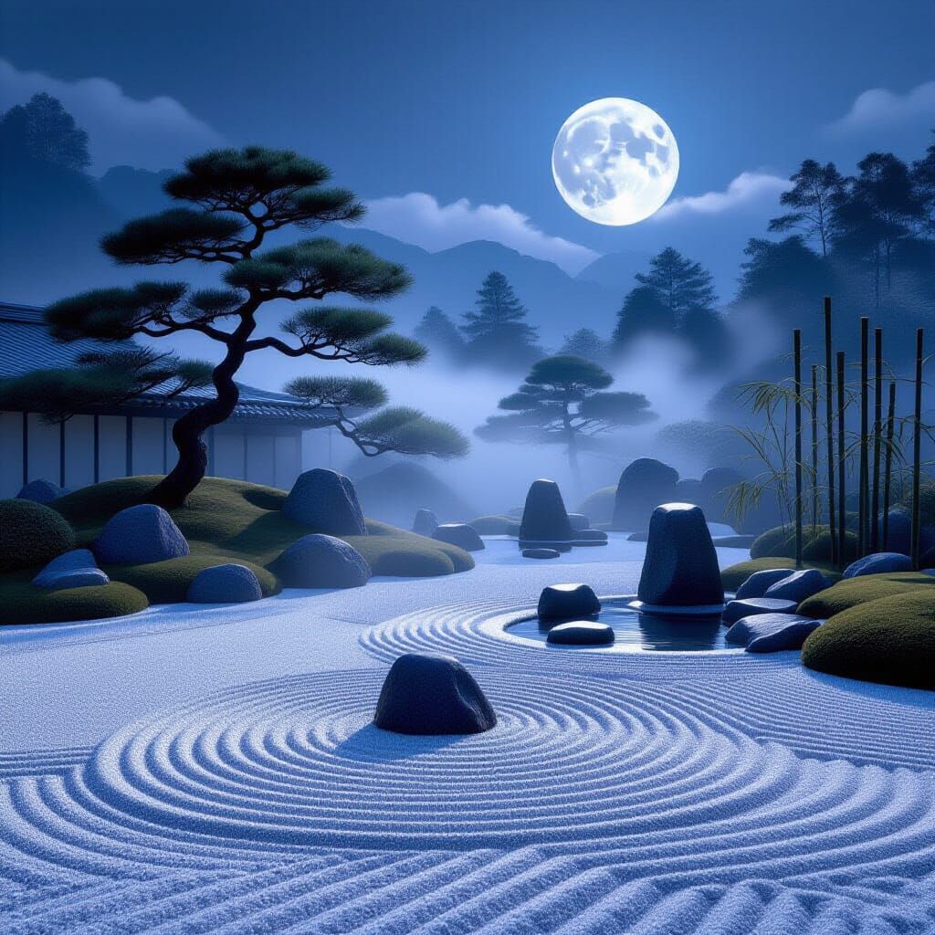 Mist-Shrouded Zen Garden with Full Moon, Photorealistic Styl...