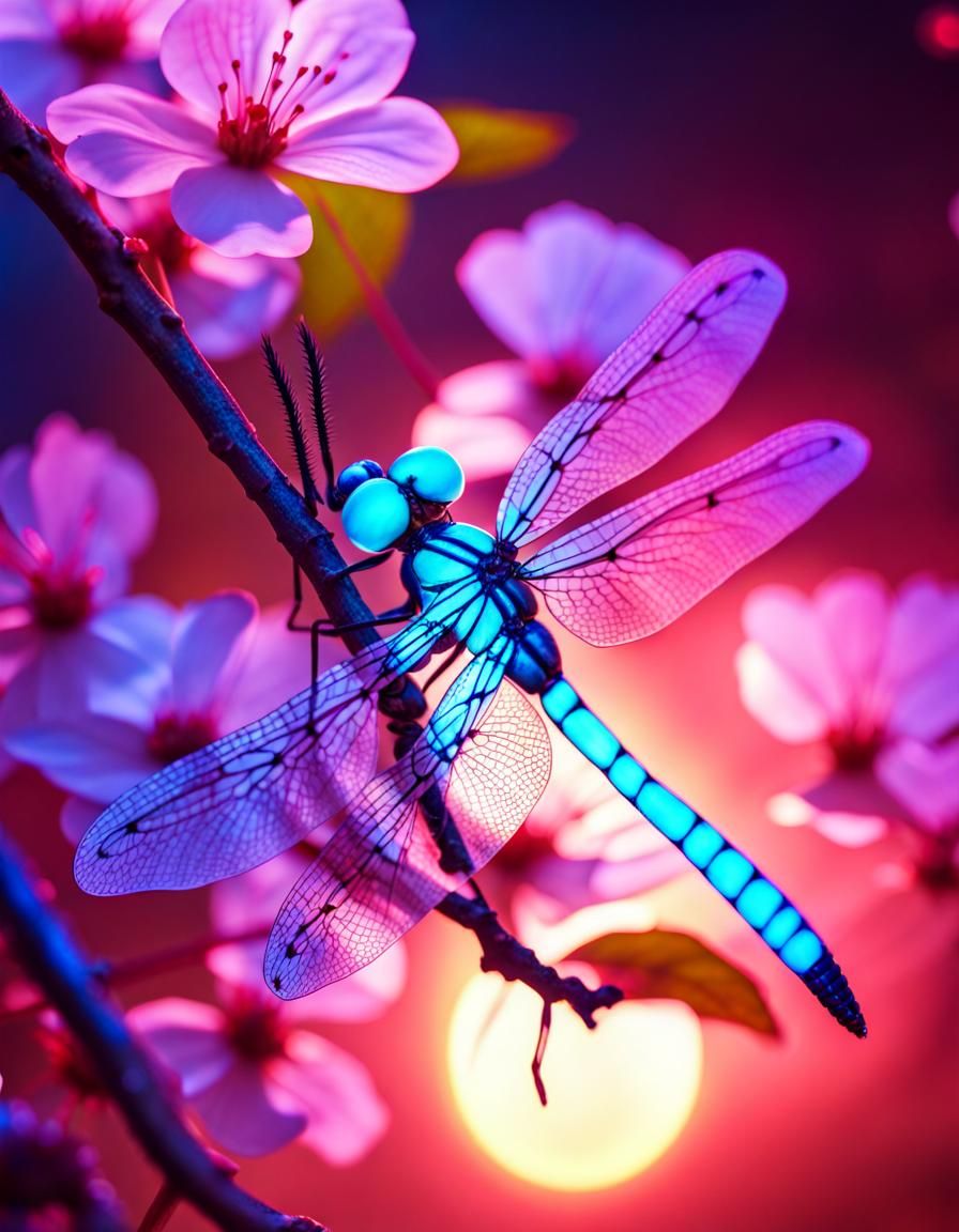 Celestial Dragonfly on Cherry Branch in Light Art