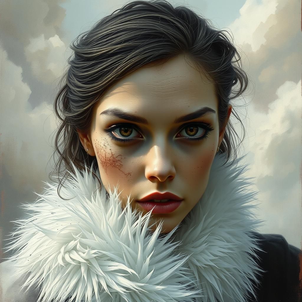 Surreal Woman with Contrasting Textures in Eerie Dreamscape