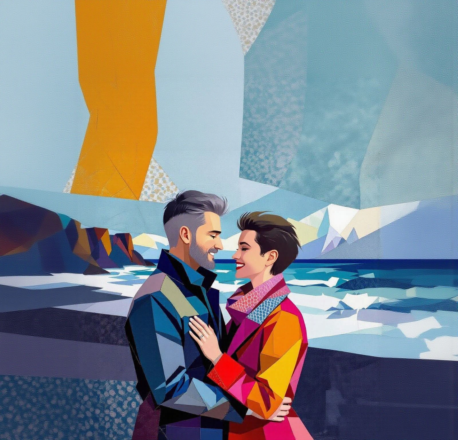 Couple on Iceland's Diamond Beach in Vibrant Fabric Collage
