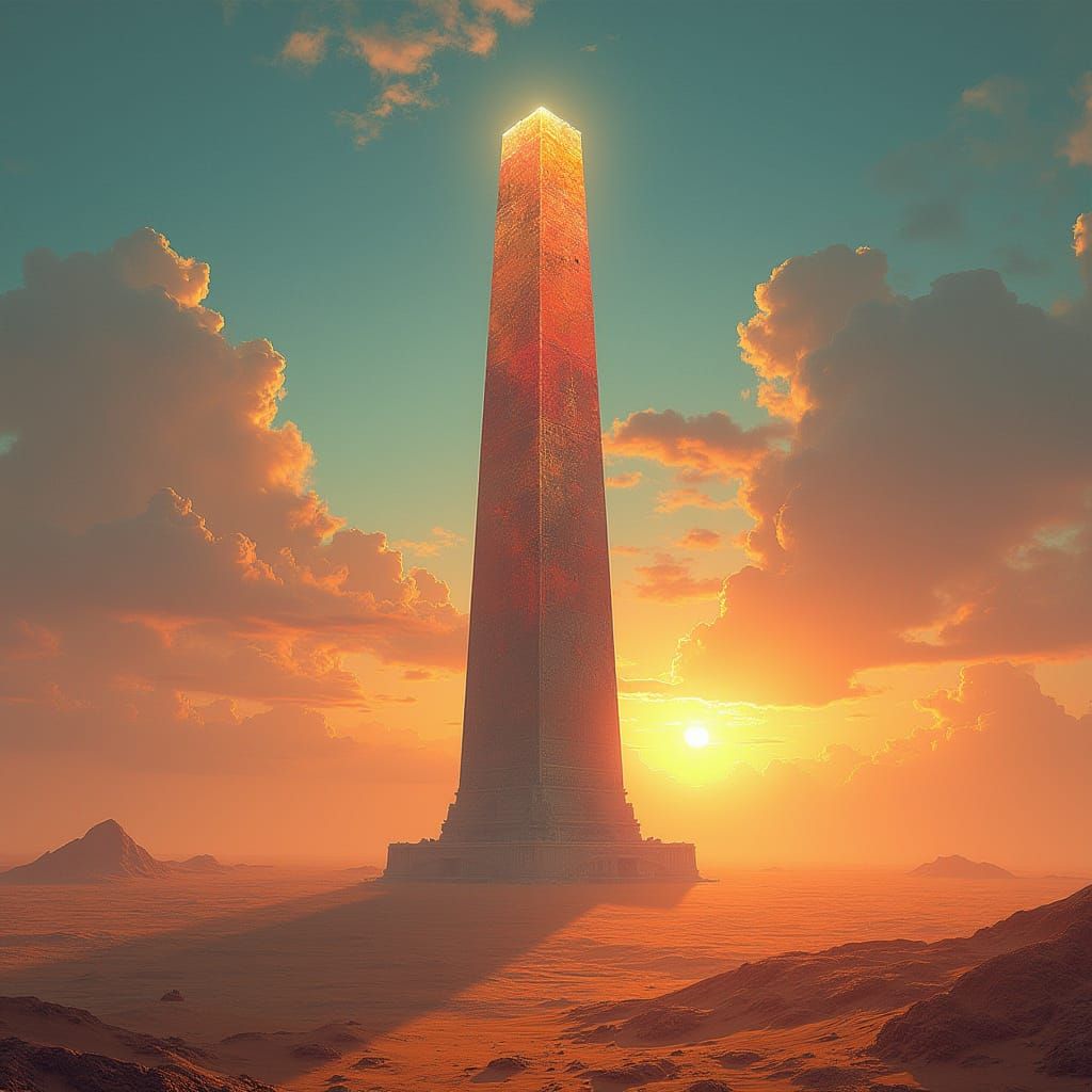 Glass Obelisk in Desert Landscape: Mystical Realism