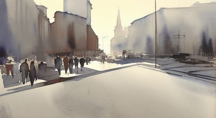 hot summer day in the city street, noon, cloudless sky with bright sun, deep shadows, diagonal composition, draft pencil...