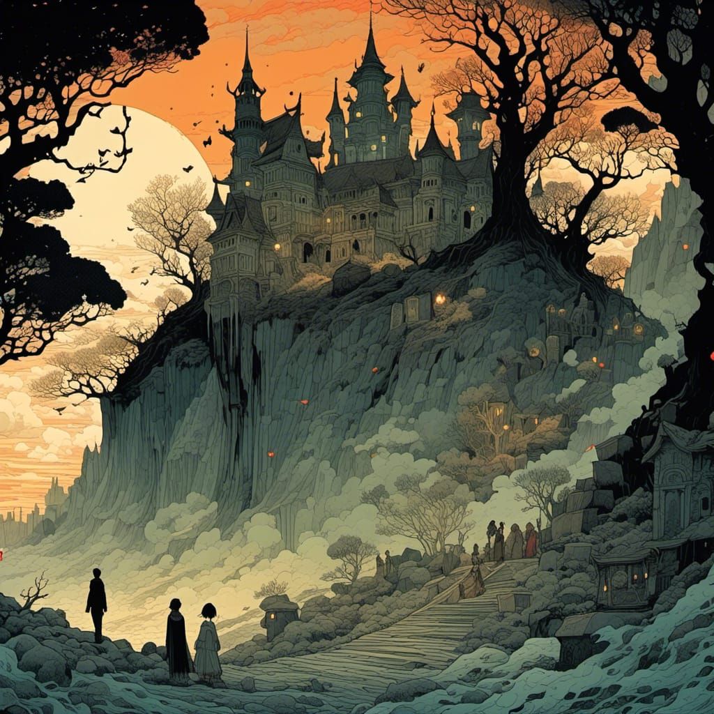 Dark Gothic Landscape with Looming Castle