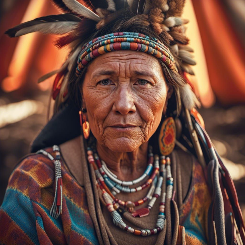 Cinematic Portrait of Sioux Mother in Traditional Dress