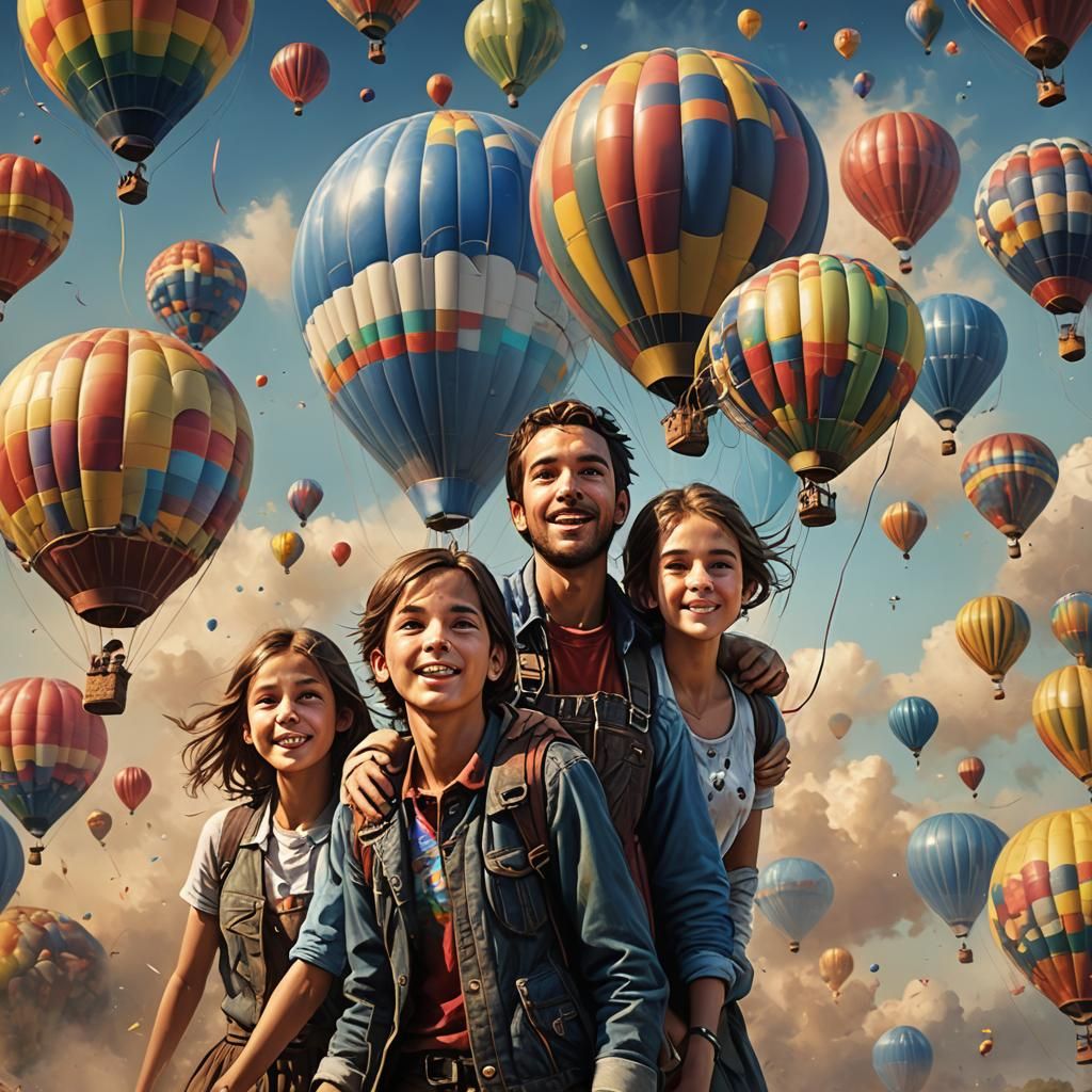 Siblings in a Balloon: Hyperrealistic Splash Art