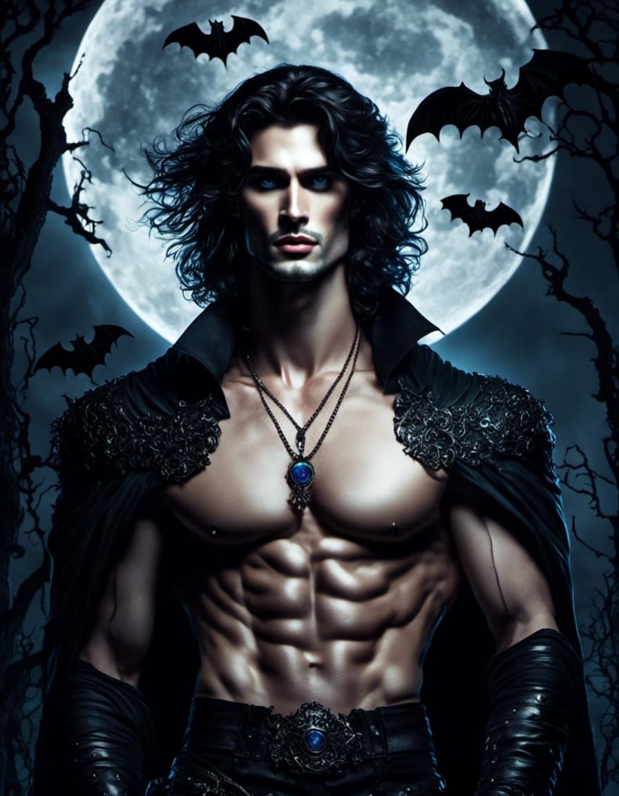 Handsome Vampire Gazing at the Full Moon