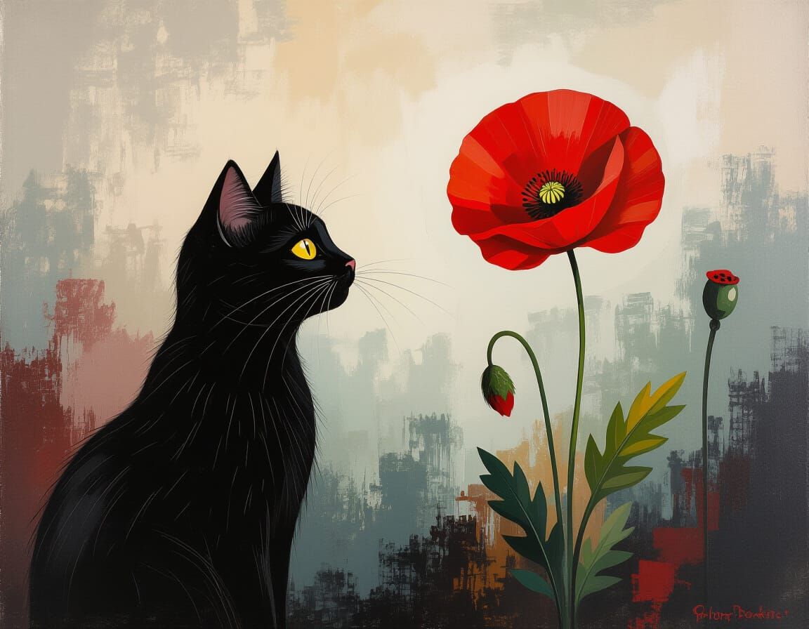 Black Cat Gazing at Red Poppy in Encaustic Style