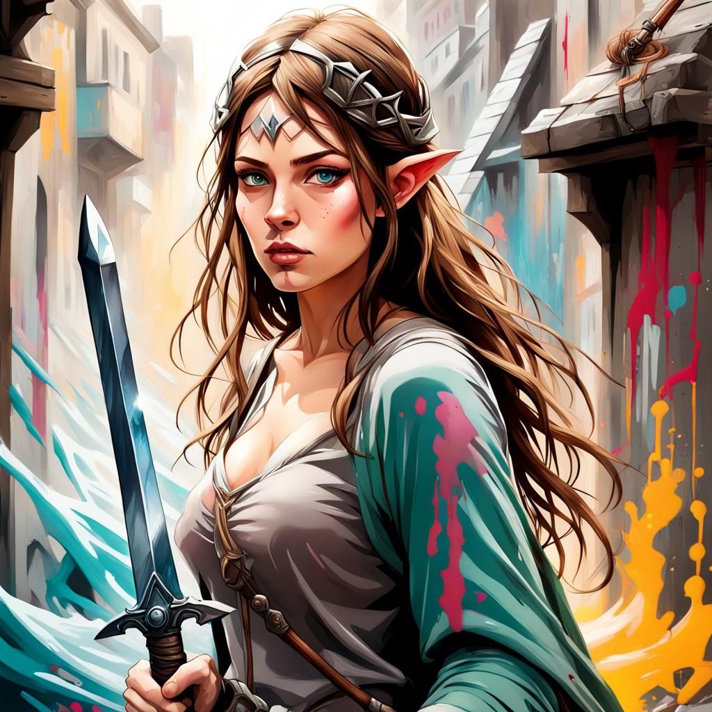 Elven Swordswoman in Graffiti Street Art Style