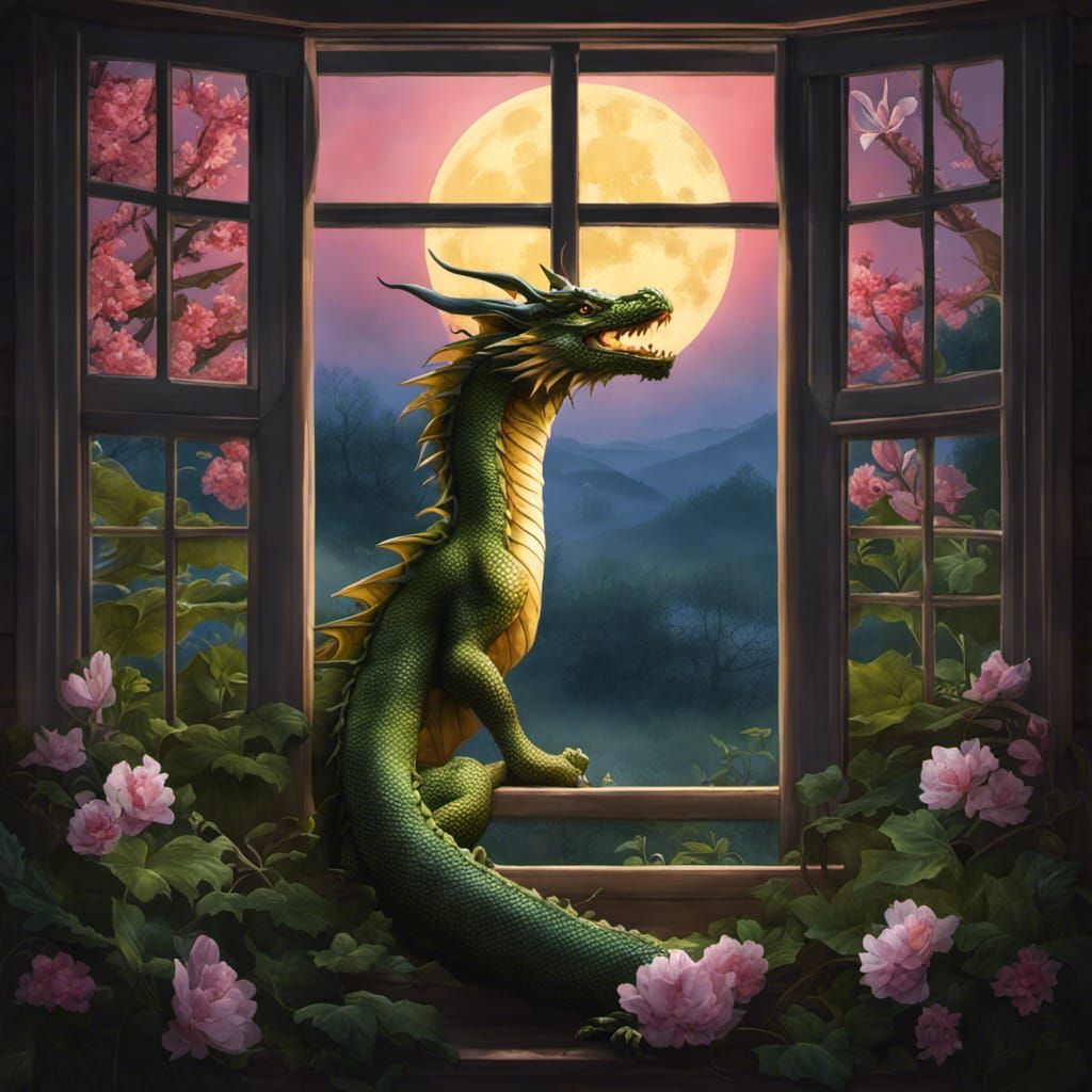 Dragon Gazing at Spring Moonlit Landscape