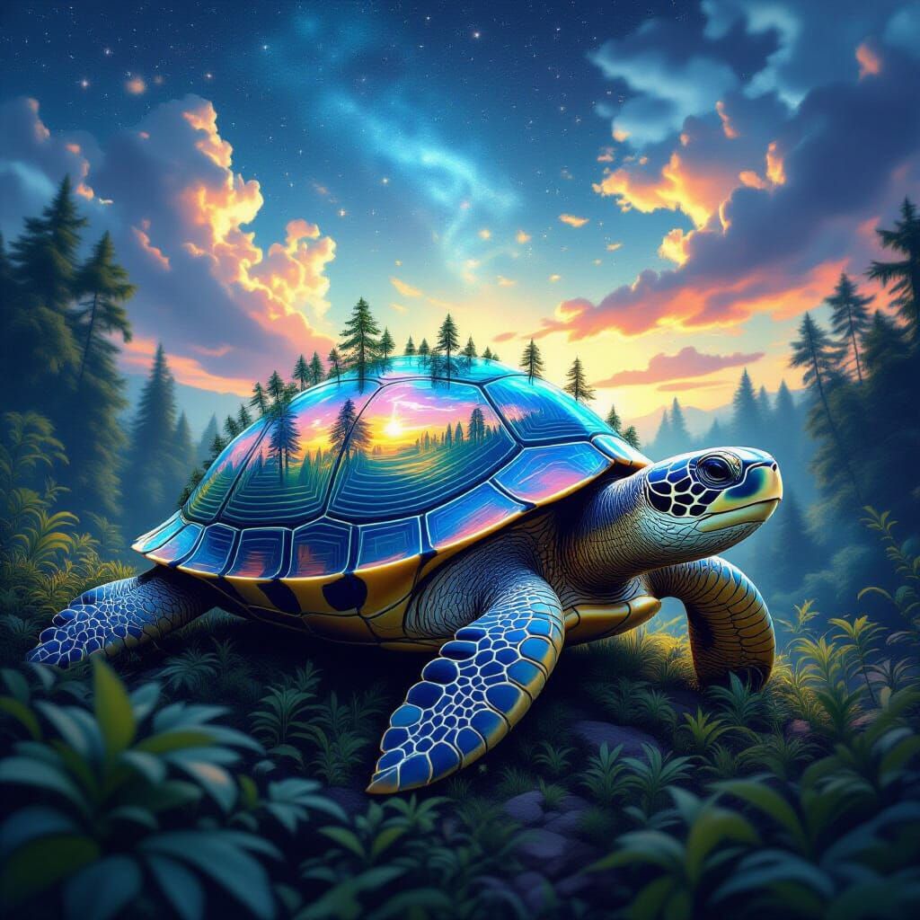 Iridescent Turtle with Forest in Hyper-Realistic Style