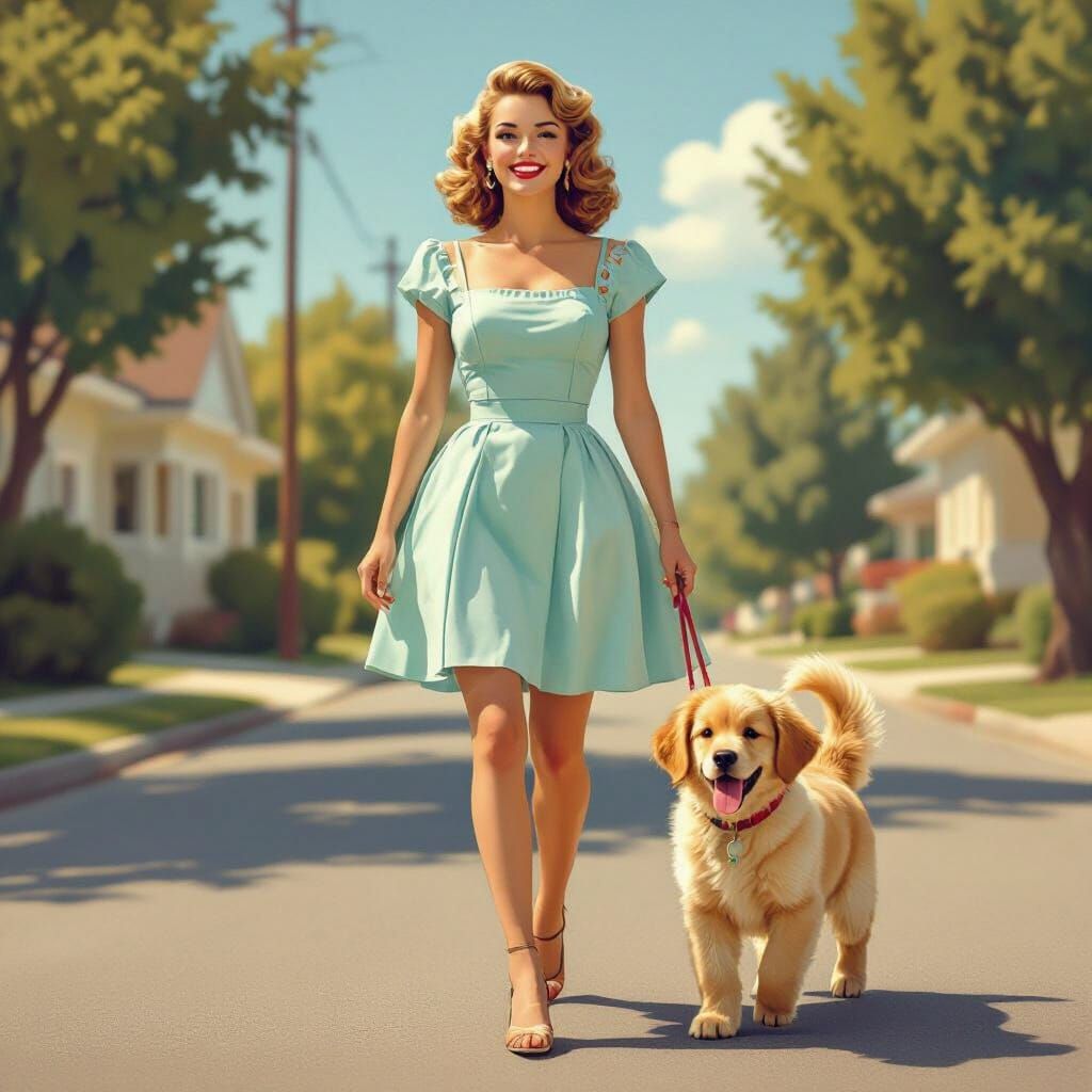 1950s Pin-Up Girl Walks Puppy in Vintage Photo Style