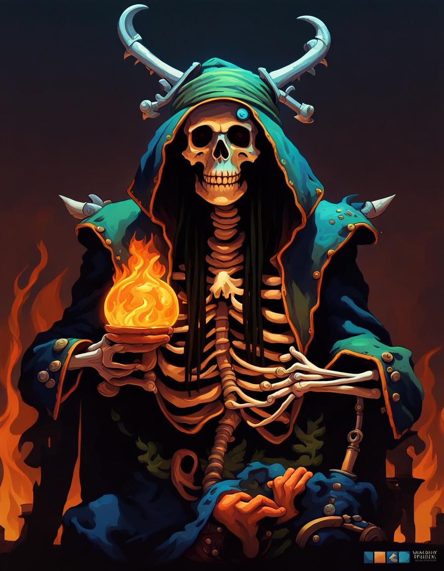 Skeleton Pirate Mariner with Voodoo Flames