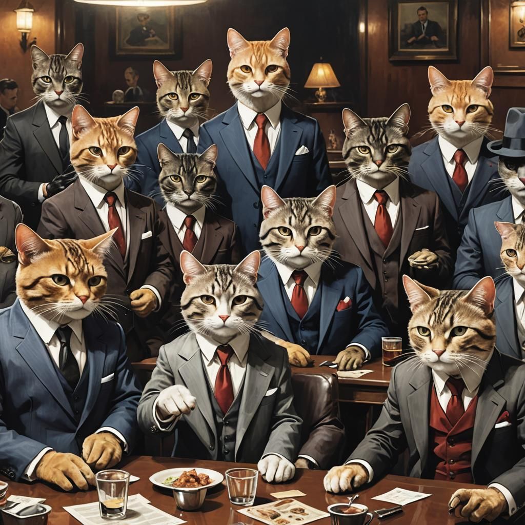 Mafia Cats Gather Around Table in Suits