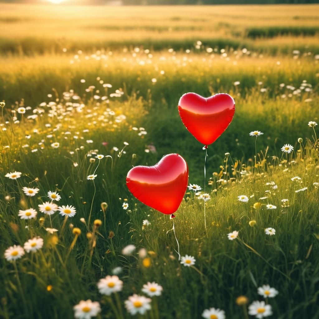 Heart Balloons Float Over Summer Meadow: Macro Shot