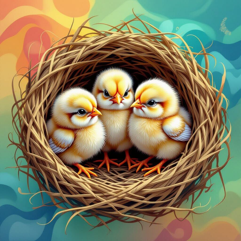 Three Fluffy Chicks Chirping in a Nest