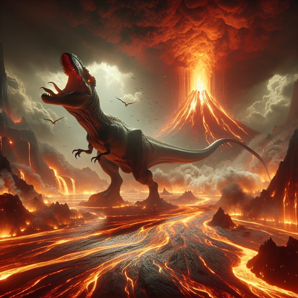Dinosaur Roaring Before a Volcanic Eruption
